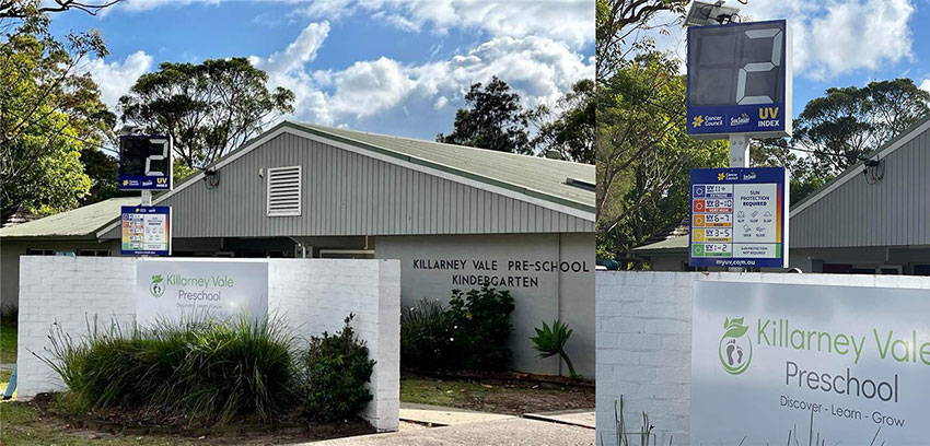 Killarney Vale Pre-School Kindergarten has a UV meter at the front of the school which shows the UC index for the day.